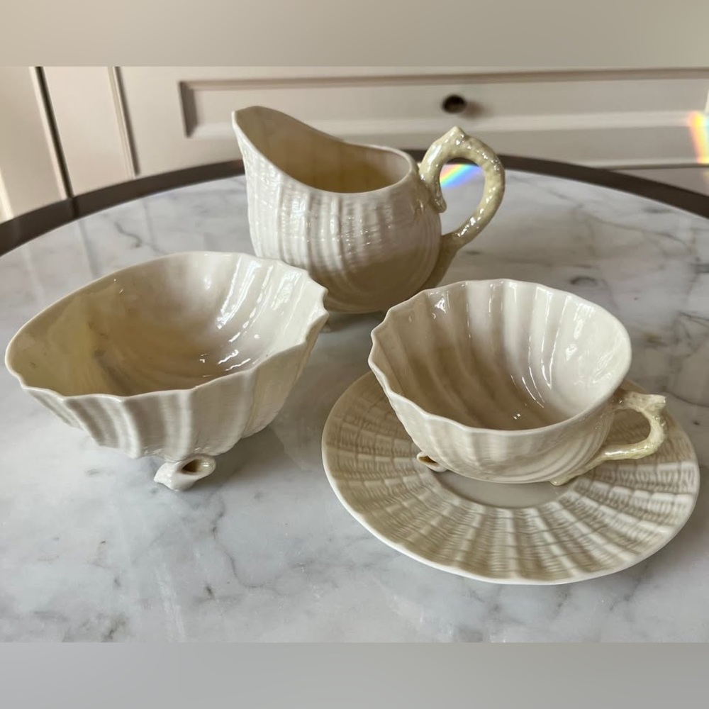 Vintage Belleek Neptune Cream Sugar Teacup Saucer. Irish fine china. Pristine.